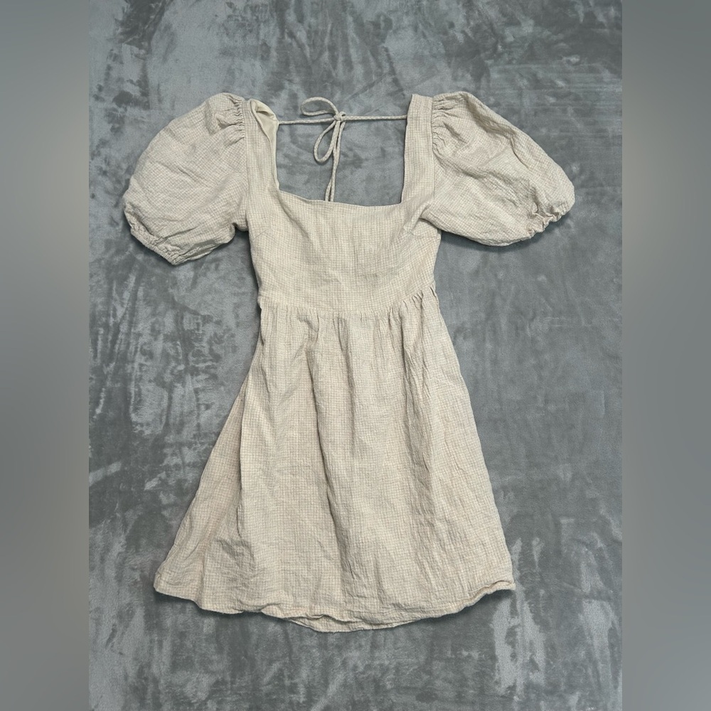 Altar'd State Textured Cream Square Neck Puff Sleeve Mini Dress